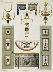 Diseños para cornisas de cortinas, girándolas y puertas plegables, 1774
